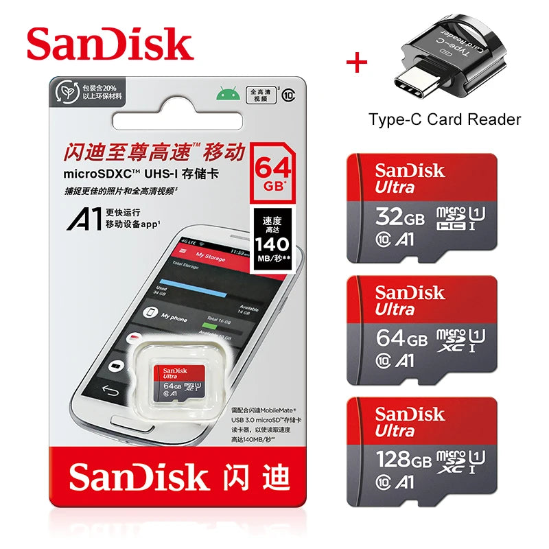 SanDisk Micro-SD Card 32GB 64GB 256GB 128GB A1 Memory Cards Class 10 Flash Drive Cards 32GB cartao de memoria For Phone