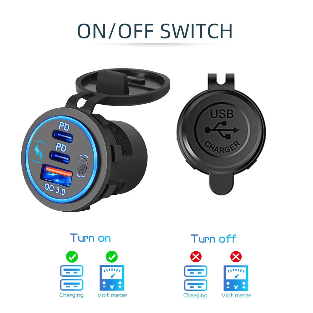 3 Ports Quick Charge Dual PD & QC 3.0 112W Aperture Car Charger Outlet Socket For 12V 24V Motorcycle Boat Marine Truck ATV