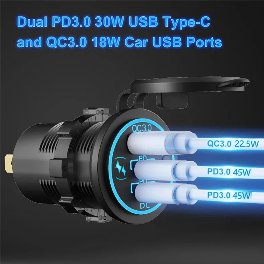 3 Ports Quick Charge Dual PD & QC 3.0 112W Aperture Car Charger Outlet Socket For 12V 24V Motorcycle Boat Marine Truck ATV