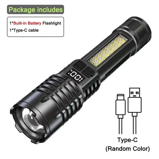 High Power LED Flashlight Powerful TYPE-C Rechargeable COB Flashlight With Side Light Torch For Outdoor Camping Hiking
