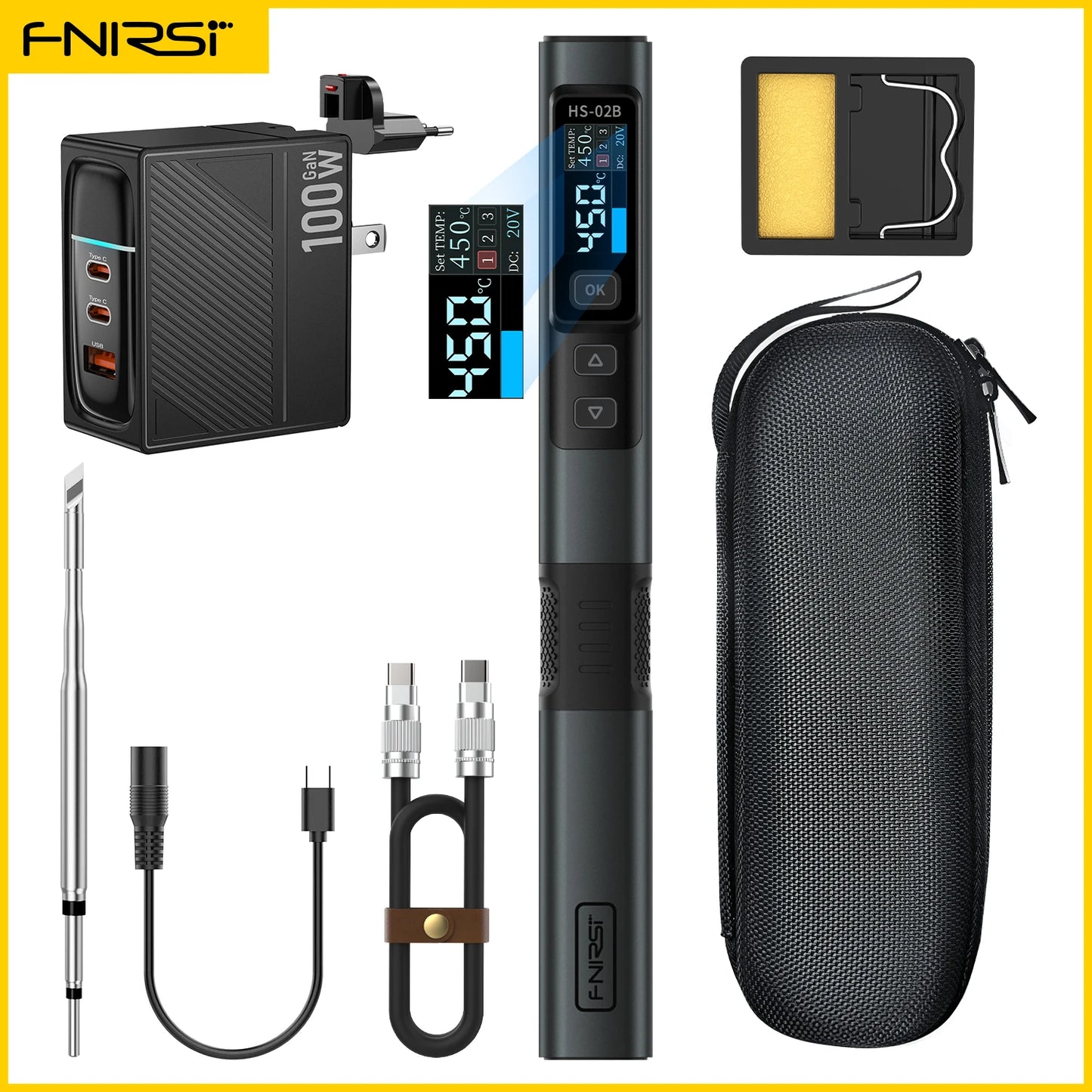 FNIRSI HS-02 Adjustable Temperature Soldering Iron DC 20V 100-450℃ Welding Solder Rework Station PD 100W Portable Repair Tool