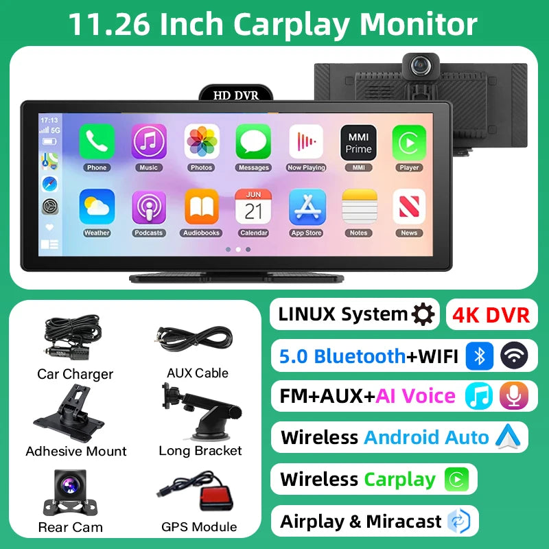 10/11.26 Inch 4K DVR Wireless CarPlay & Android Auto Dash Cam Bluetooth Audio GPS Navigation Dashboard Dual Lens Video Recorder