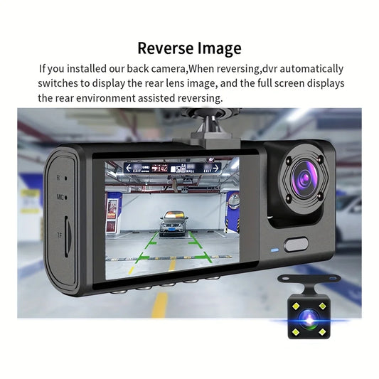 Dash Cam W/ IR Night Vision Loop Recording & 2" IPS Screen 1080P 3 Camera ， DVR recorder, video recorder, Vehicle DVR