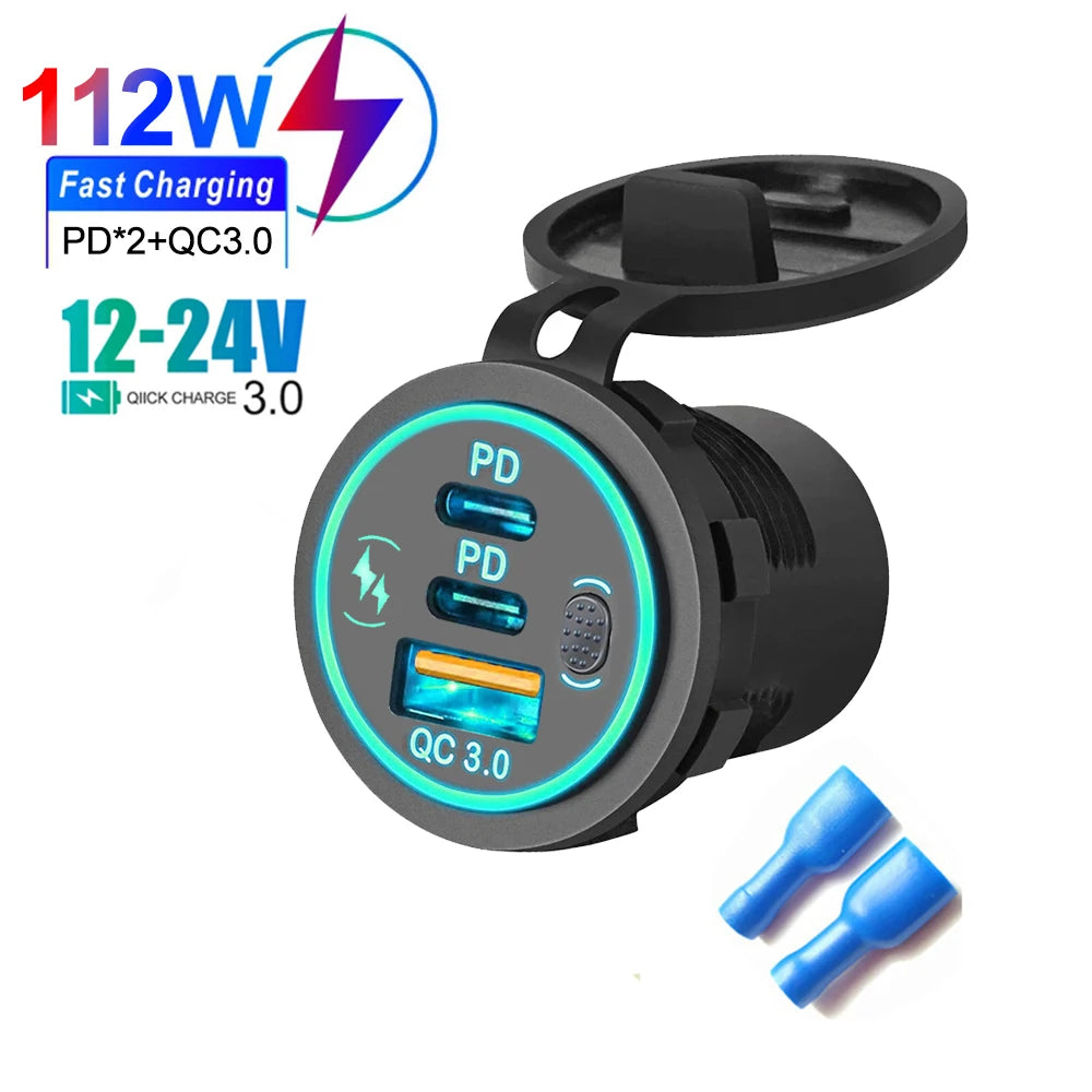 3 Ports Quick Charge Dual PD & QC 3.0 112W Aperture Car Charger Outlet Socket For 12V 24V Motorcycle Boat Marine Truck ATV
