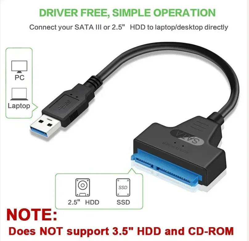 USB 3.0 to SATA Adapter Cable for 2.5" HDD/SSD – 6Gbps High-Speed Data Transfer – SATA III (22-Pin) Hard Drive Converter