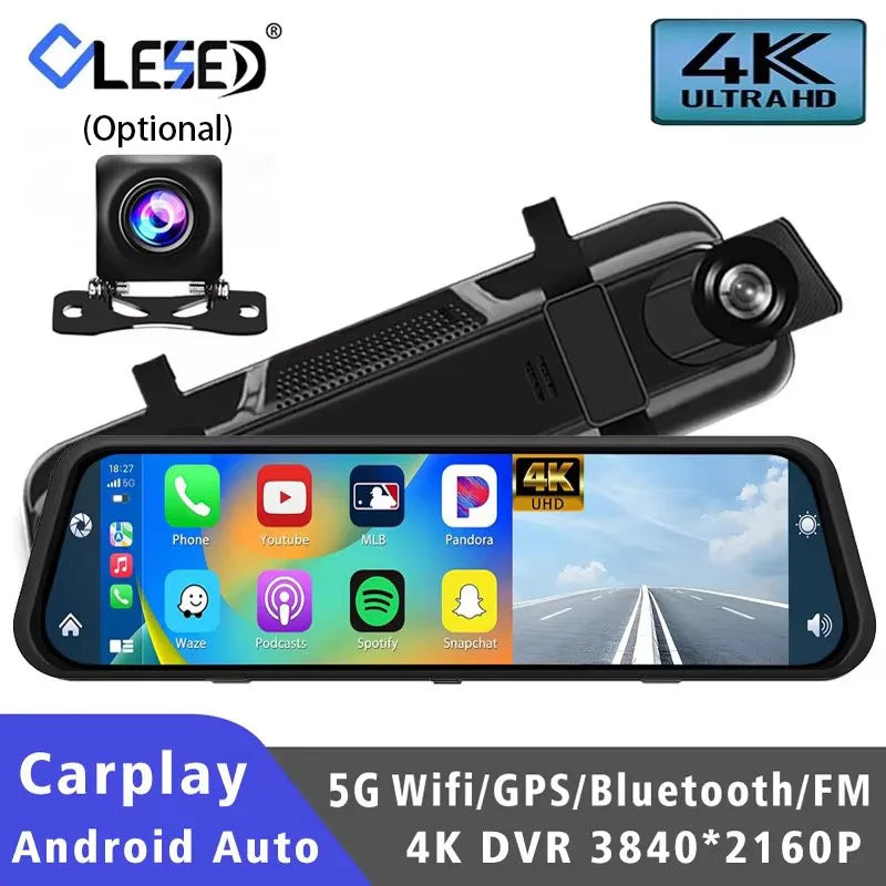 10"  Dash Cam 4K 3840*2160P Car Dvr Carplay Android Auto GPS 5G WIFI AUX Stream RearView Mirror Dashcam Camera Drive Recorder FM
