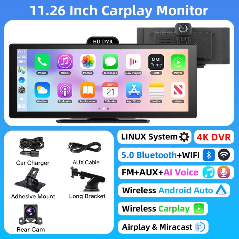 10/11.26 Inch 4K DVR Wireless CarPlay & Android Auto Dash Cam Bluetooth Audio GPS Navigation Dashboard Dual Lens Video Recorder