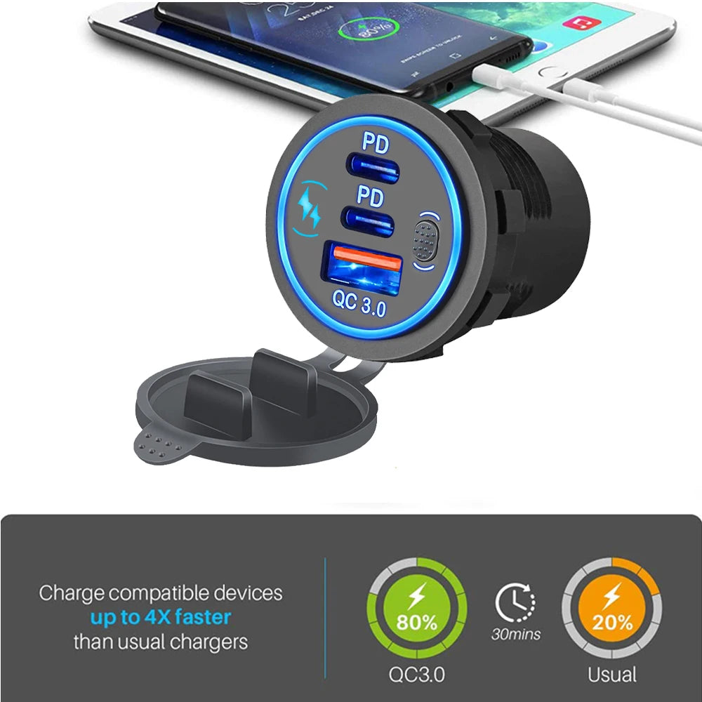 3 Ports Quick Charge Dual PD & QC 3.0 112W Aperture Car Charger Outlet Socket For 12V 24V Motorcycle Boat Marine Truck ATV