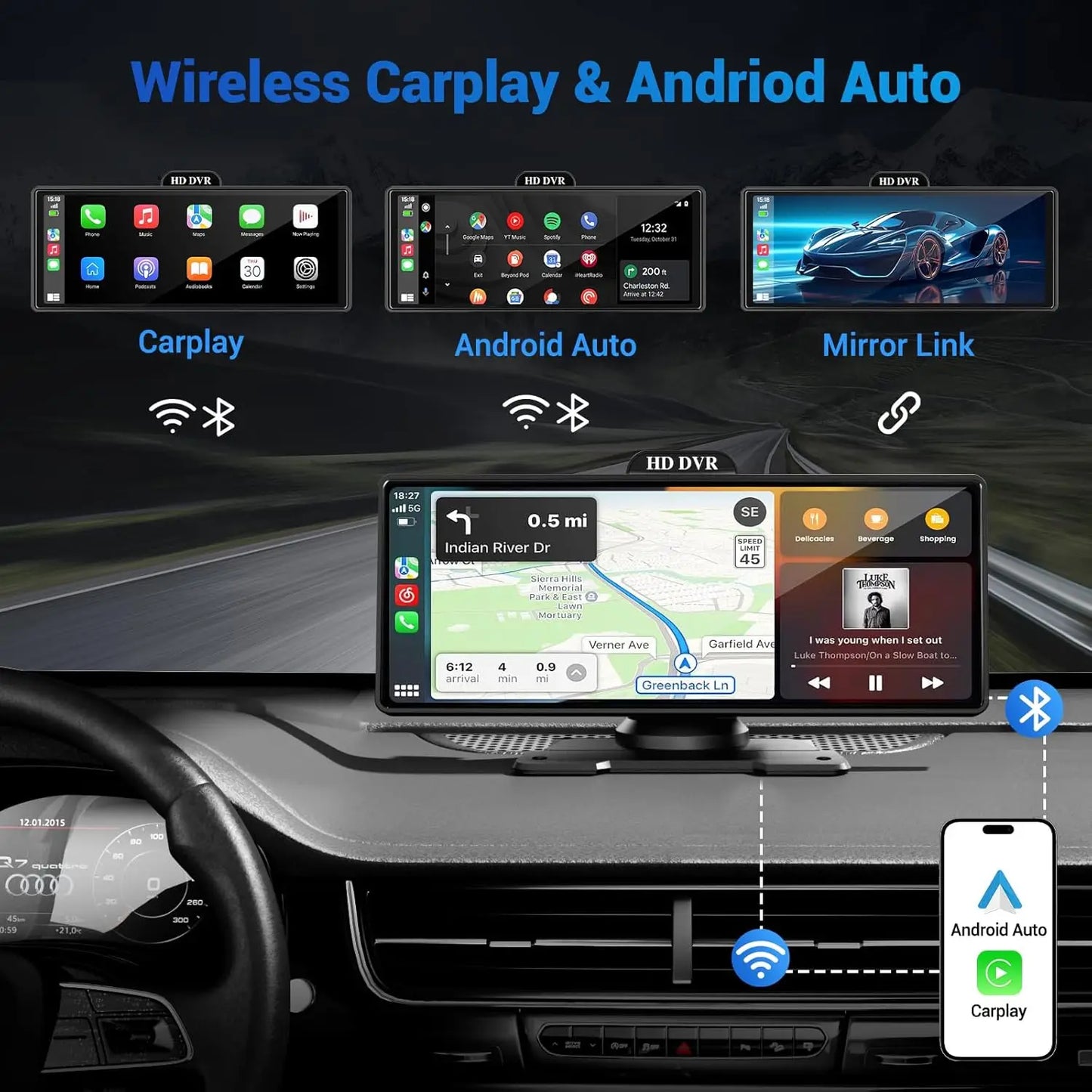 10/11.26 Inch 4K DVR Wireless CarPlay & Android Auto Dash Cam Bluetooth Audio GPS Navigation Dashboard Dual Lens Video Recorder
