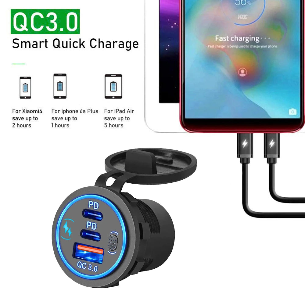 3 Ports Quick Charge Dual PD & QC 3.0 112W Aperture Car Charger Outlet Socket For 12V 24V Motorcycle Boat Marine Truck ATV