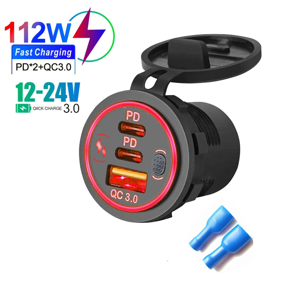 3 Ports Quick Charge Dual PD & QC 3.0 112W Aperture Car Charger Outlet Socket For 12V 24V Motorcycle Boat Marine Truck ATV