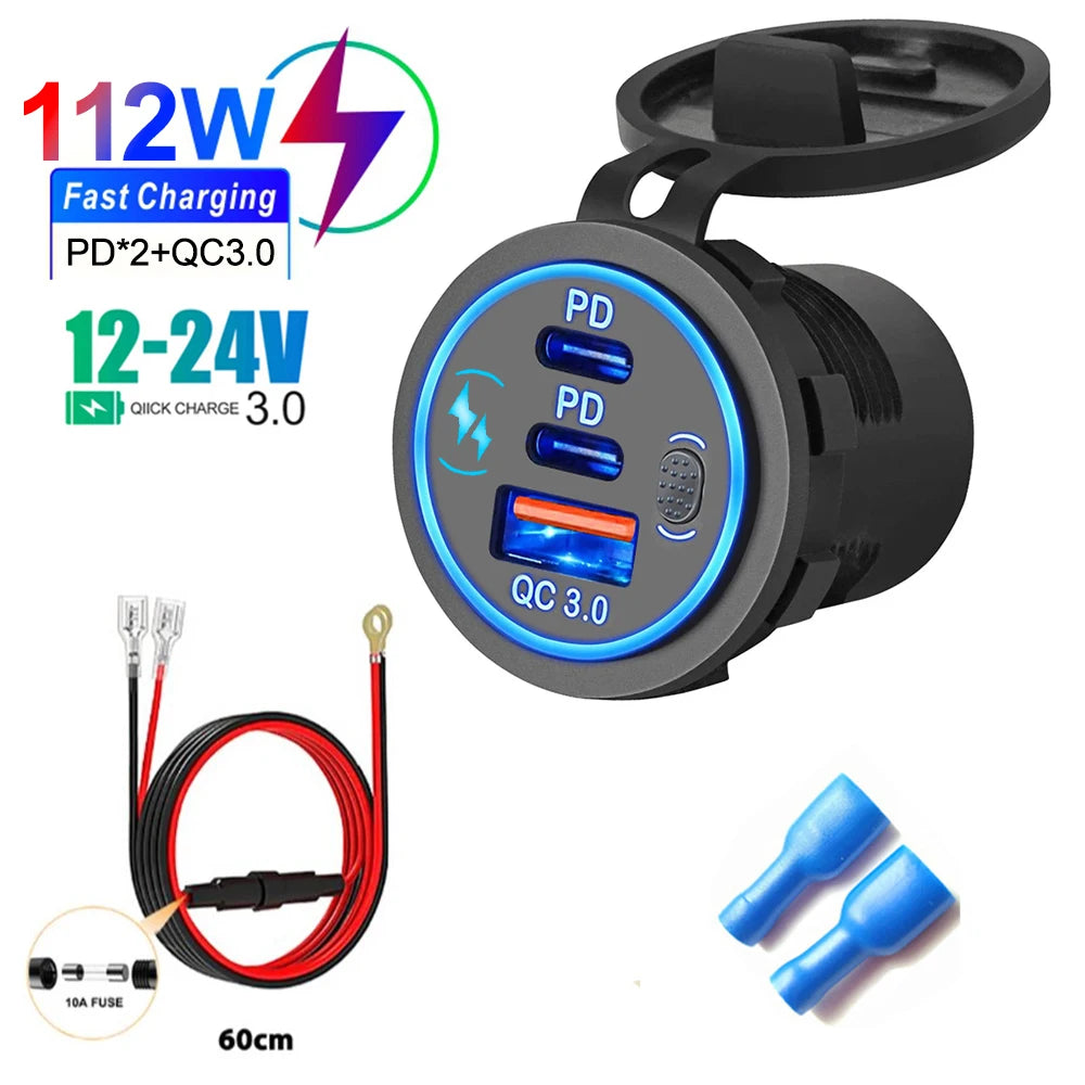 3 Ports Quick Charge Dual PD & QC 3.0 112W Aperture Car Charger Outlet Socket For 12V 24V Motorcycle Boat Marine Truck ATV