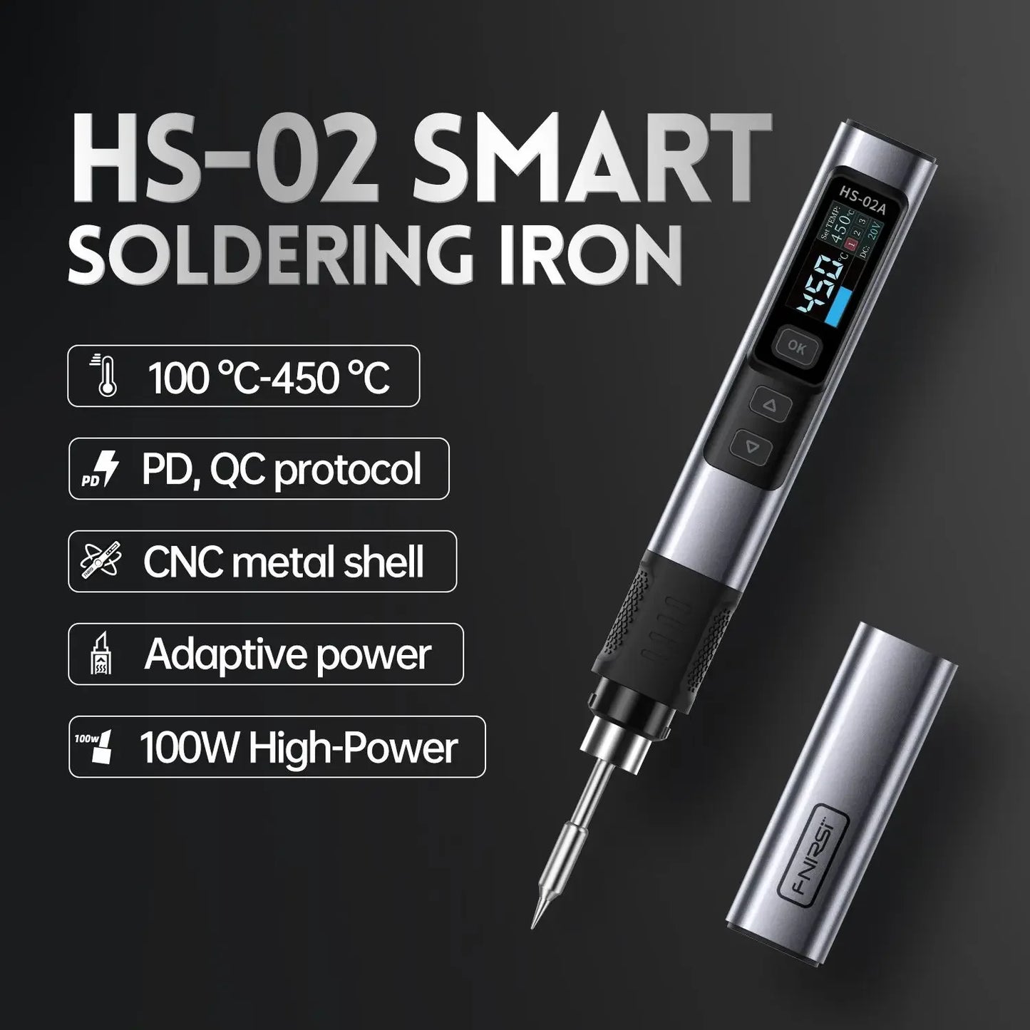 FNIRSI HS-02 Adjustable Temperature Soldering Iron DC 20V 100-450℃ Welding Solder Rework Station PD 100W Portable Repair Tool